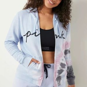 NEW HYDRANGEA BLUE SPOTLIGHT SCRIPT TIE DYE VS Pink Sweatshirt pink, blue, white